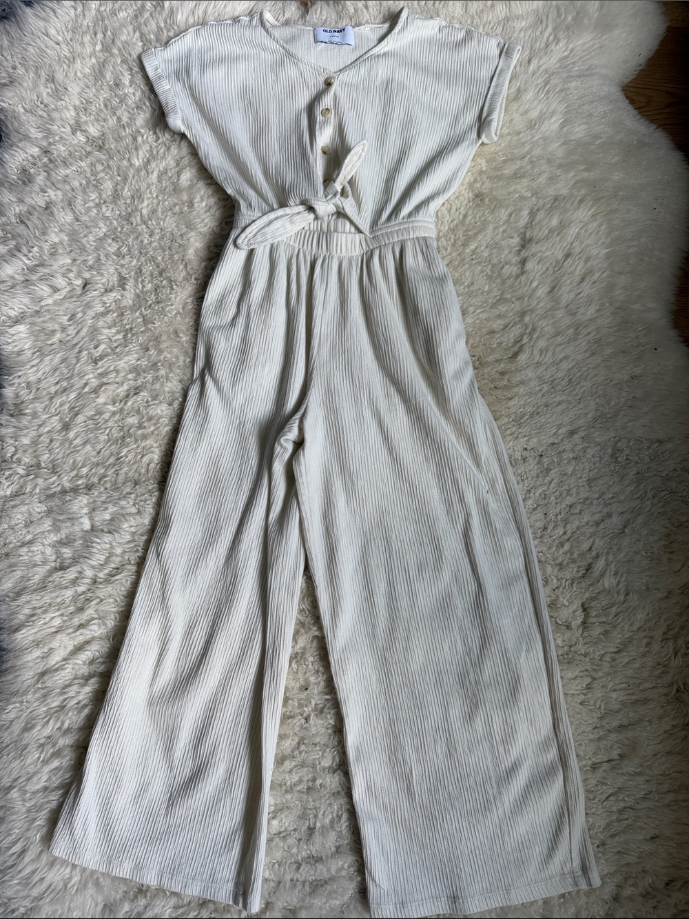 Old Navy Girls Cream Ribbed Tie-Waist Wide-Leg Jumpsuit L (10-12)